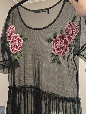 Black Sheer Mesh Top with Pink Rose Embroidery